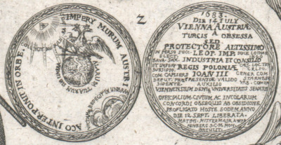 Bitwa pod Wiedniem. Zbliżenie na fragment grafiki. Po prawej – odrys awersu i rewersu medalu wydanego z okazji wyzwolenia miasta. 