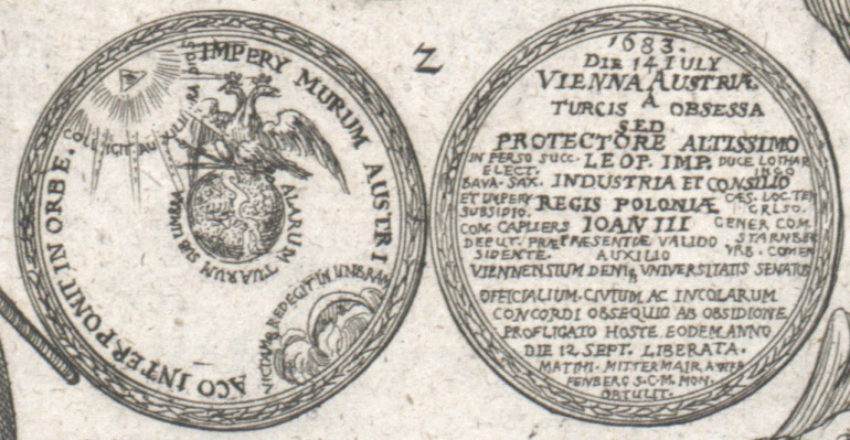 Bitwa pod Wiedniem. Zbliżenie na fragment grafiki. Po prawej – odrys awersu i rewersu medalu wydanego z okazji wyzwolenia miasta. 