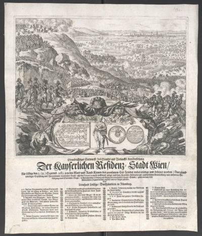 Stara rycina przedstawiająca bitwę pod Wiedniem. Bitwa ukazana została ze wzgórz Kahlenbergu. Na głównym planie, po lewej stronie rozpoznać możemy dowódców wojsk przybyłych z odsieczą pod Wiedeń. Poszczególne postaci oznaczone zostały kolejnymi literami alfabetu, które odnoszą do umieszczonej poniżej legendy. Na dalszych planach ryciny widzimy wojska schodzące ze wzgórz Kahlenbergu i walczące w ruinach klasztoru. Niżej, rozległy teren podwiedeński, na którym toczone są walki, oraz fortyfikacje tureckie. W oddali miasto i szeroko rozlany Dunaj.
