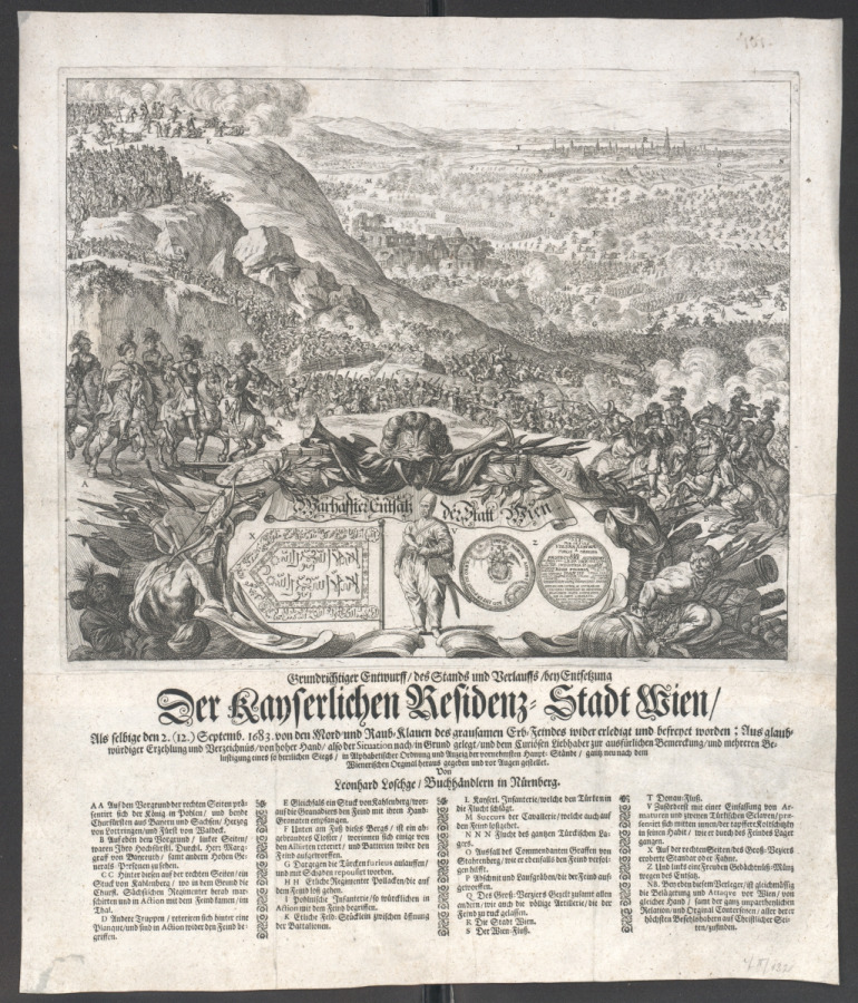 Stara rycina przedstawiająca bitwę pod Wiedniem. Bitwa ukazana została ze wzgórz Kahlenbergu. Na głównym planie, po lewej stronie rozpoznać możemy dowódców wojsk przybyłych z odsieczą pod Wiedeń. Poszczególne postaci oznaczone zostały kolejnymi literami alfabetu, które odnoszą do umieszczonej poniżej legendy. Na dalszych planach ryciny widzimy wojska schodzące ze wzgórz Kahlenbergu i walczące w ruinach klasztoru. Niżej, rozległy teren podwiedeński, na którym toczone są walki, oraz fortyfikacje tureckie. W oddali miasto i szeroko rozlany Dunaj.
