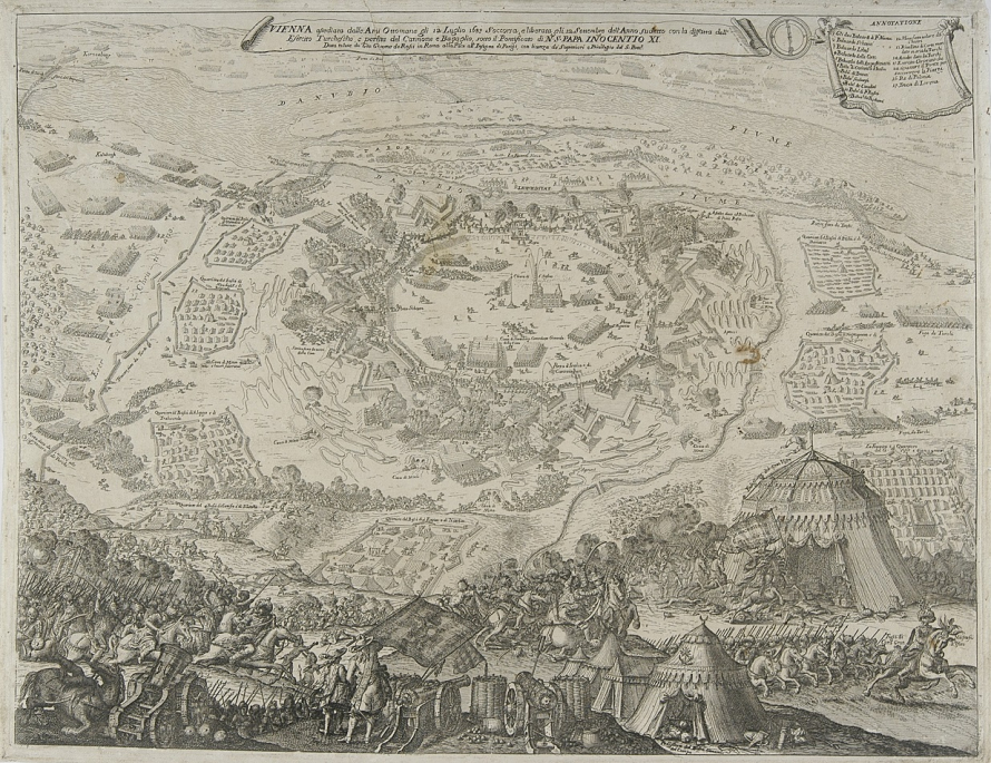 Stara rycina przedstawiająca widok z góry na miasto. Powyżej płynie rzeka. Na obrzeżach miasta, na polach widać rozłożone namioty. W dolnej części kompozycji wojska i namioty tureckie. Jest to grafika przedstawiająca bitwę pod Wiedniem. 