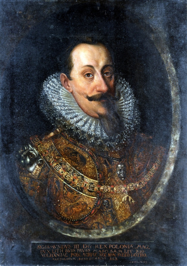 Obraz olejny. Na ciemnym tle portret mężczyzny z wąsami i bródką, w złotej zbroi i kryzie pod szyją. Jest to Zygmunt III Waza, król nieustannie podejrzewany przez szlachtę o dążenie do władzy absolutnej.