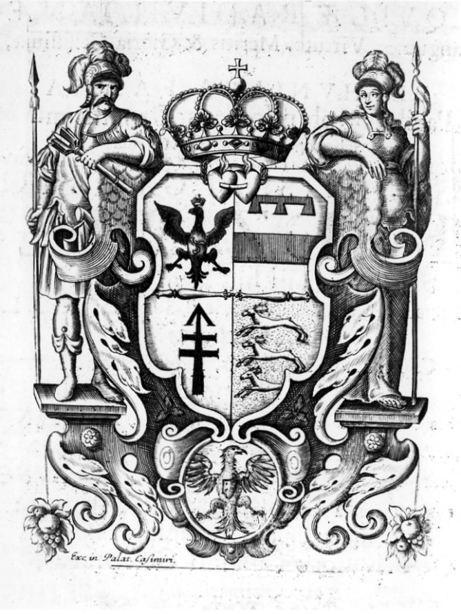 Grafika przedstawia herb nad którym jest korona i dwa serca. Poniżej herbu medalion z orłem z rozpostartymi skrzydłami. Po lewej stronie herbu mężczyzna w antycznej zbroi z oszczepem. Po prawej stronie kobieta w ubiorze antycznym, w hełmie na głowie.