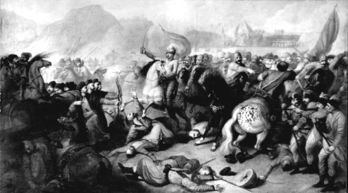 Reprodukcja czarno-biała. Przedstawia bitwę. Na pierwszym planie powalone ciała ludzkie. Pośrodku na białym koniu przywódca z chorągwią w ręce. W tle wystrzały, kłęby dymu i zarys maszerujących kolumn wojskowych. Jest to bitwa pod Beresteczkiem. 