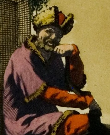 Fragment kolorowej ilustracji. Przedstawia kozaka - mężczyznę w czapce na głowie, ubranego w charakterystyczny strój. Portretowany podpiera głowę lewą ręką. 