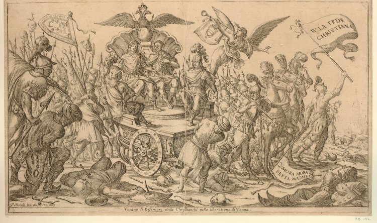 Scena zbiorowa. Przedstawia zgromadzone wojska i bitwę. POśrodku kompoyzhi, na podwyższeniu dwóch męczyzn zasiadających wspólnie na tronie nad którym widzimy orła z dwiema głowami. 