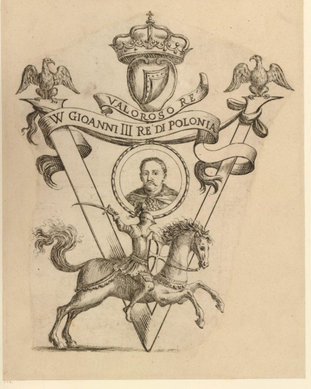 Stara rycina. Przedstawia portret króla Jana III Sobieskiego w okrągłej ramie, pod którym widzimy rycerza w zbroi jadącego na koniu. Nad portretem króla korona i napisy na powiewających wstęgach. Całość przedstawienia ujęta jest w dużą literę V na czubkach której, u samej góry siedzą dwa orły.