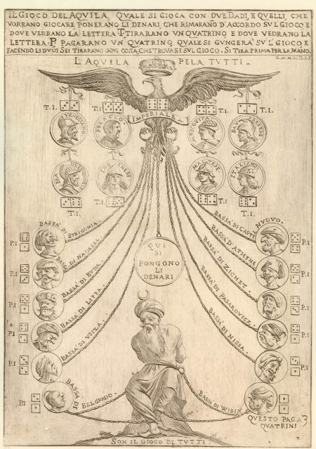 Stara rycina lub rysunek. Przedstawia orła z koroną, od którego szpon odchodzą w dół na prawo i lewo łańcuchy, które prowadzą do małych portretów męskich. Na samym dole kompozycji spętany mężczyzna w stroju orientalnym. Nad jego głową księżyc. Nad grafiką napisy na łacinie. 