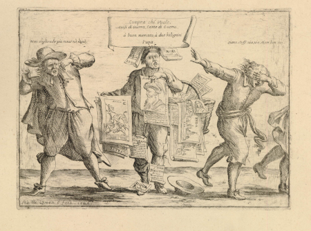 Stara rycina lub rysunek. Przedstawia trzech mężczyzn w ruchu. Stojący pośrodku trzyma kosz  z gazetami i nawołuje. Mężczyzna po prawej zakrywa ręką twarz i odchodzi. Mężczyzna po lewej zatyka sobie uszy i krzyczy. Nad postaciami napisy po łacinie.