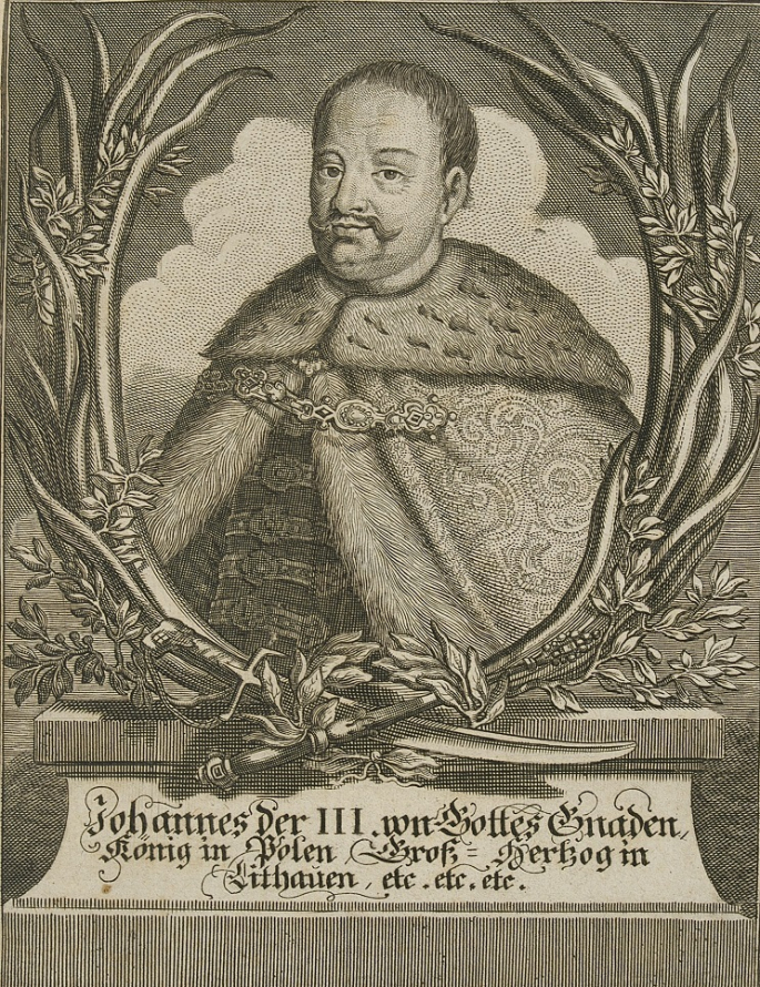 Stara rycina. Jest to portret Jana III Sobieskiego umieszczony na cokole, na którym znajduje się opis. Przed portretem króla wieniec z  traw i roślin. Jan III Sobieski ubrany w reprezentacyjny strój historyczny, ukazany na tle nieba i chmur.  