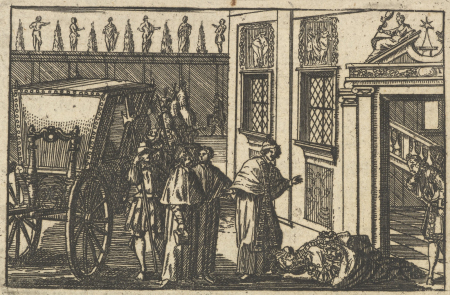 Grafika przedstawia kobietę, która pada na twarz przed grupą mężczyzn. Z lewej strony karoca, obok niej dostojnicy i żołnierze. Jest to rycina pt. „Maria Kazimiera wita papieża Klemensa XI”. 