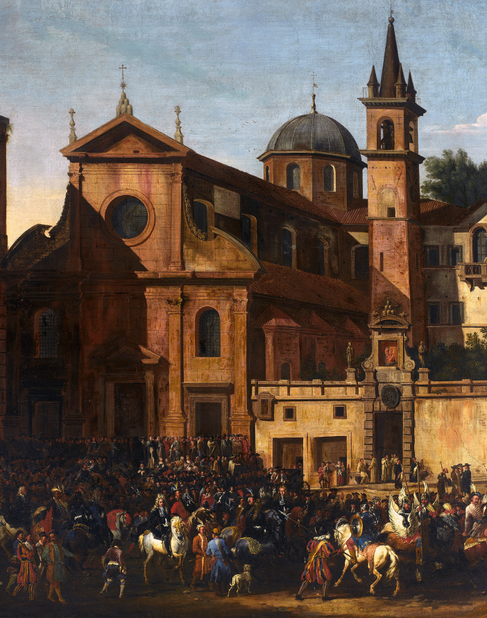 Obraz jest malowanym reportażem z wjazdu do Rzymu orszaku hetmana polnego litewskiego i podkanclerzego litewskiego Michała Kazimierza Radziwiłła. Liczne barwnie ubrane w polskie stroje postaci otaczają głównego bohatera jadącego na białym koniu. W tle widoczny kościół na Piazza del Popolo