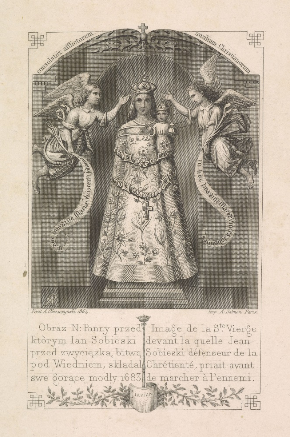 Na rycinie w ramie architektonicznej przedstawiona jest figurka Matki Boskiej z Dzieciątkiem i dwoma unoszącymi się obok niej aniołami, którzy wskazują rękami koronę na jej głowie.